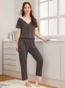 拼接蕾絲v領睡衣套裝 - 灰色 - 查看 1