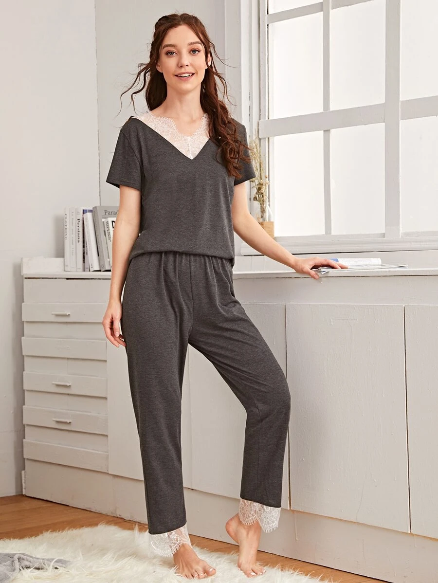 拼接蕾絲v領睡衣套裝 - 灰色 - 查看 1