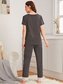 拼接蕾絲v領睡衣套裝 - 灰色 - 查看 2