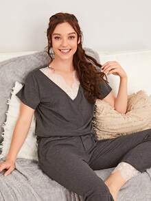 拼接蕾絲v領睡衣套裝 - 灰色 - 查看 4