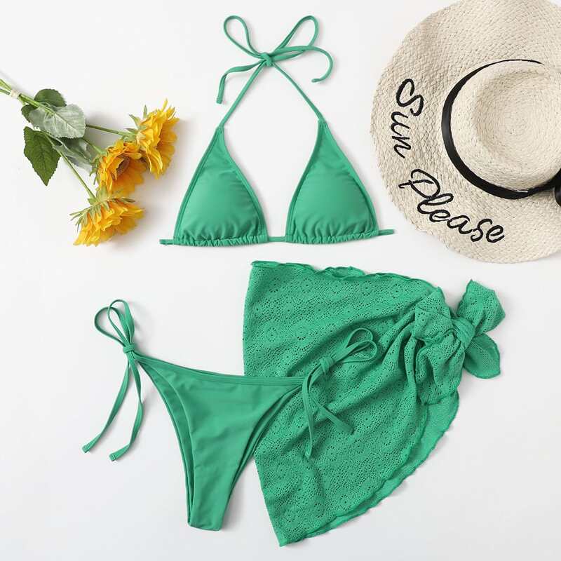 

Triangle Tie Side Bikini Swimsuit With Skirt, Green