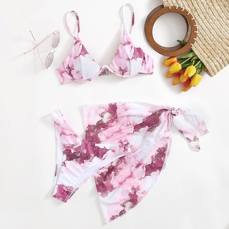 

3pack Marble Underwire Bikini Swimsuit With Beach Skirt, Multicolor