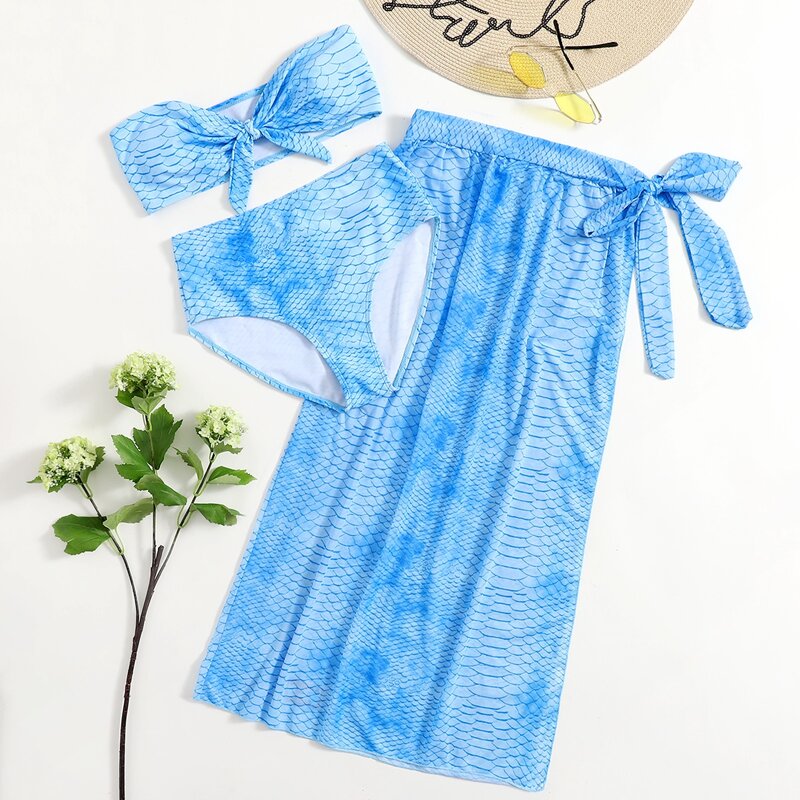 

3pack Snakeskin Print Knot Bikini Swimsuit With Beach Skirt, Blue