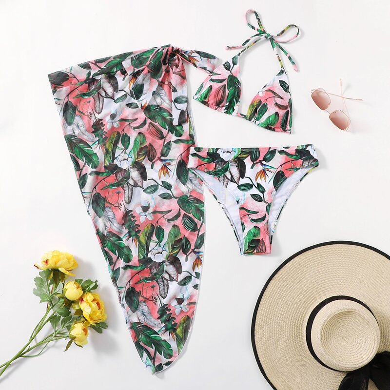 

3pack Leaf Print Bikini Swimsuit With Beach Skirt, Multicolor