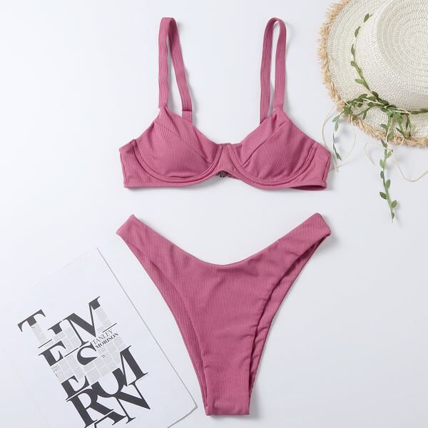 

Rib Underwire High Cut Bikini Swimsuit, Dusty pink
