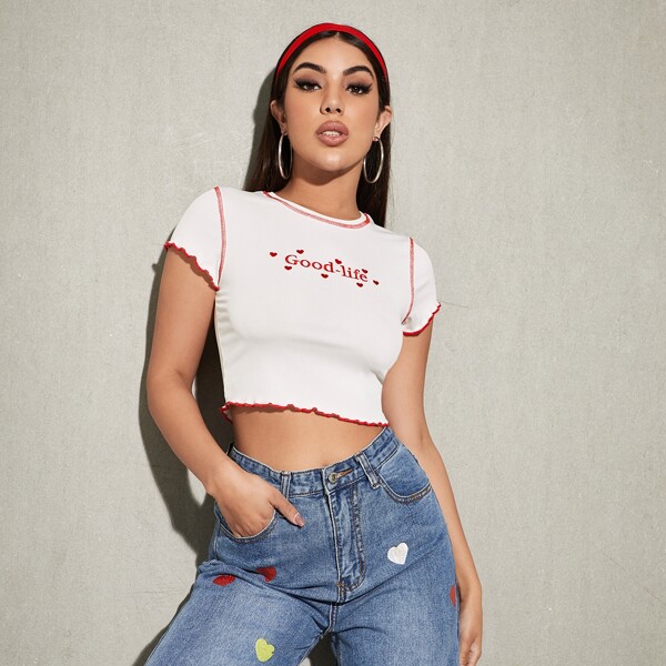 

Slogan & Heart Print Lettuce Trim Crop Tee, White