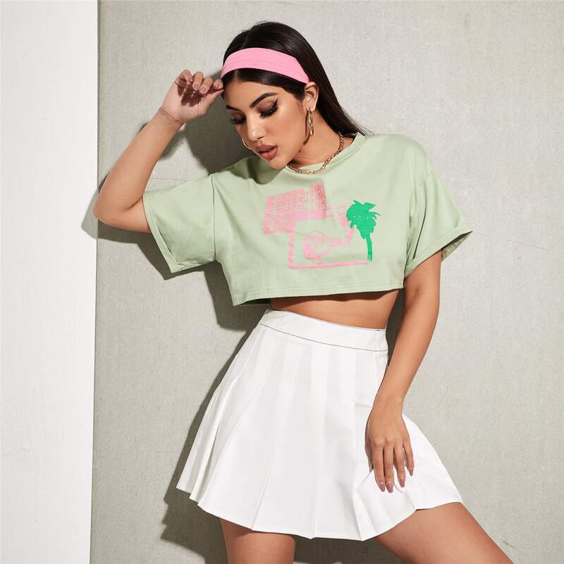 

Drop Shoulder Letter Graphic Crop Tee, Mint green