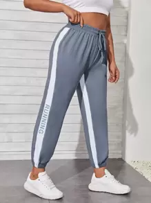 Plus Contrast Sideseam Letter Graphic Sports Trousers - Grey - View 1
