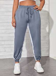 Plus Contrast Sideseam Letter Graphic Sports Trousers - Grey - View 3