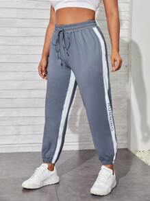 Plus Contrast Sideseam Letter Graphic Sports Trousers - Grey - View 4