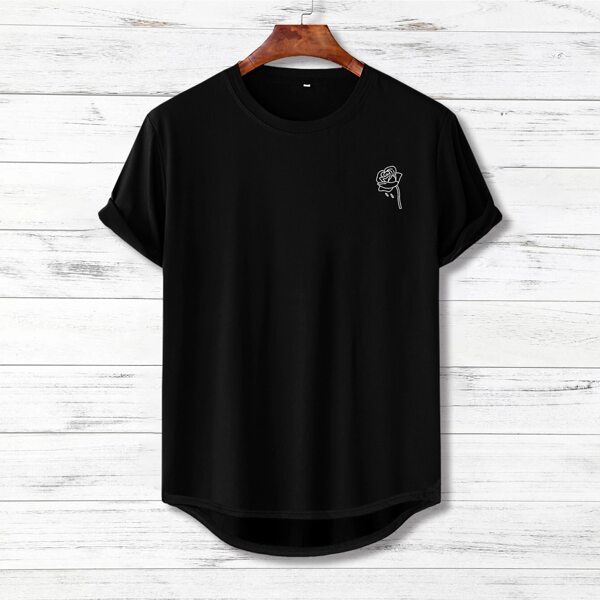 

Men Rose Print Curved Hem Tee, Black