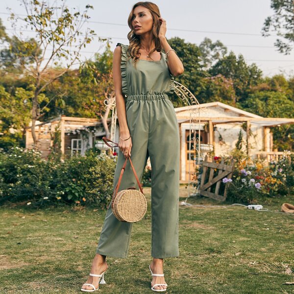 

Ruffle Trim Bow Back Overall Jumpsuit, Army green