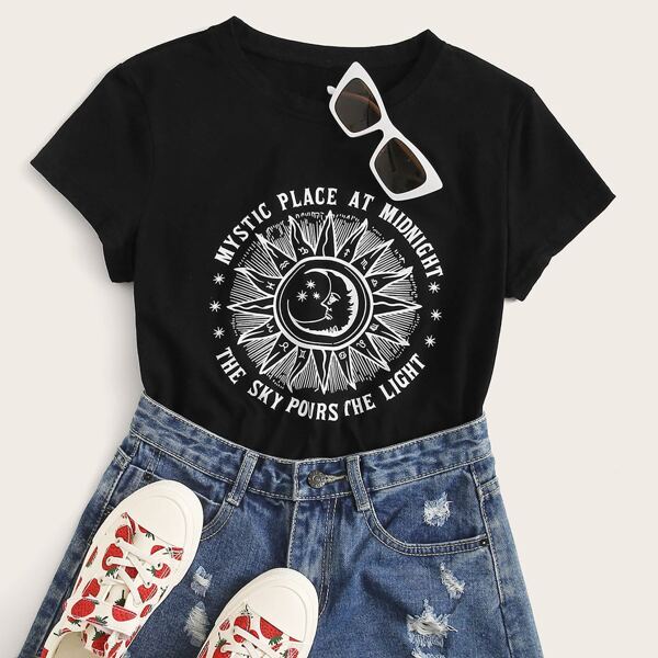 

Slogan And Graphic Print Tee, Black