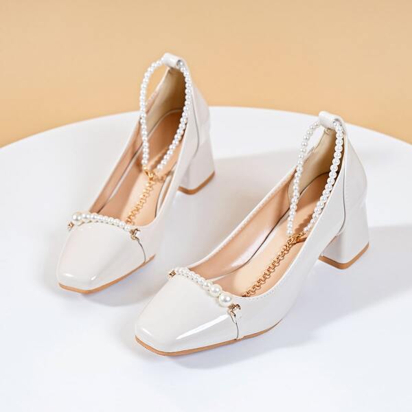 

Faux Pearl Beaded Square Toe Chunky Pumps, Beige