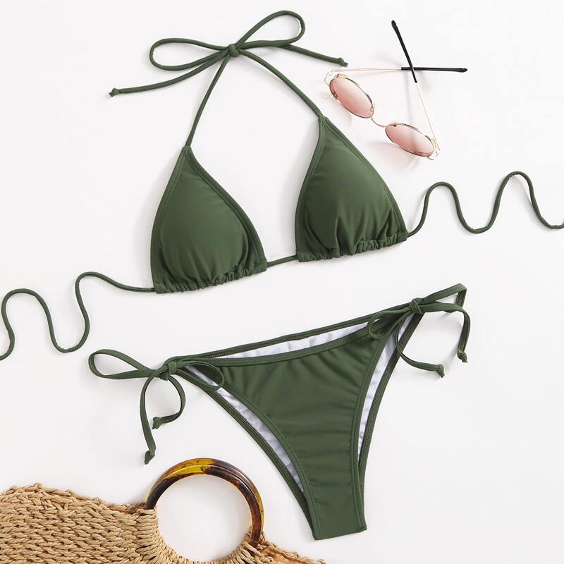 

Triangle Tie Side Bikini Swimsuit, Army green