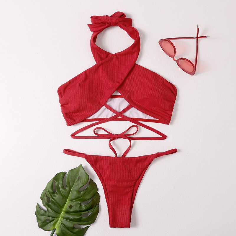 

Rib Cross Halter Thong Bikini Swimsuit, Red