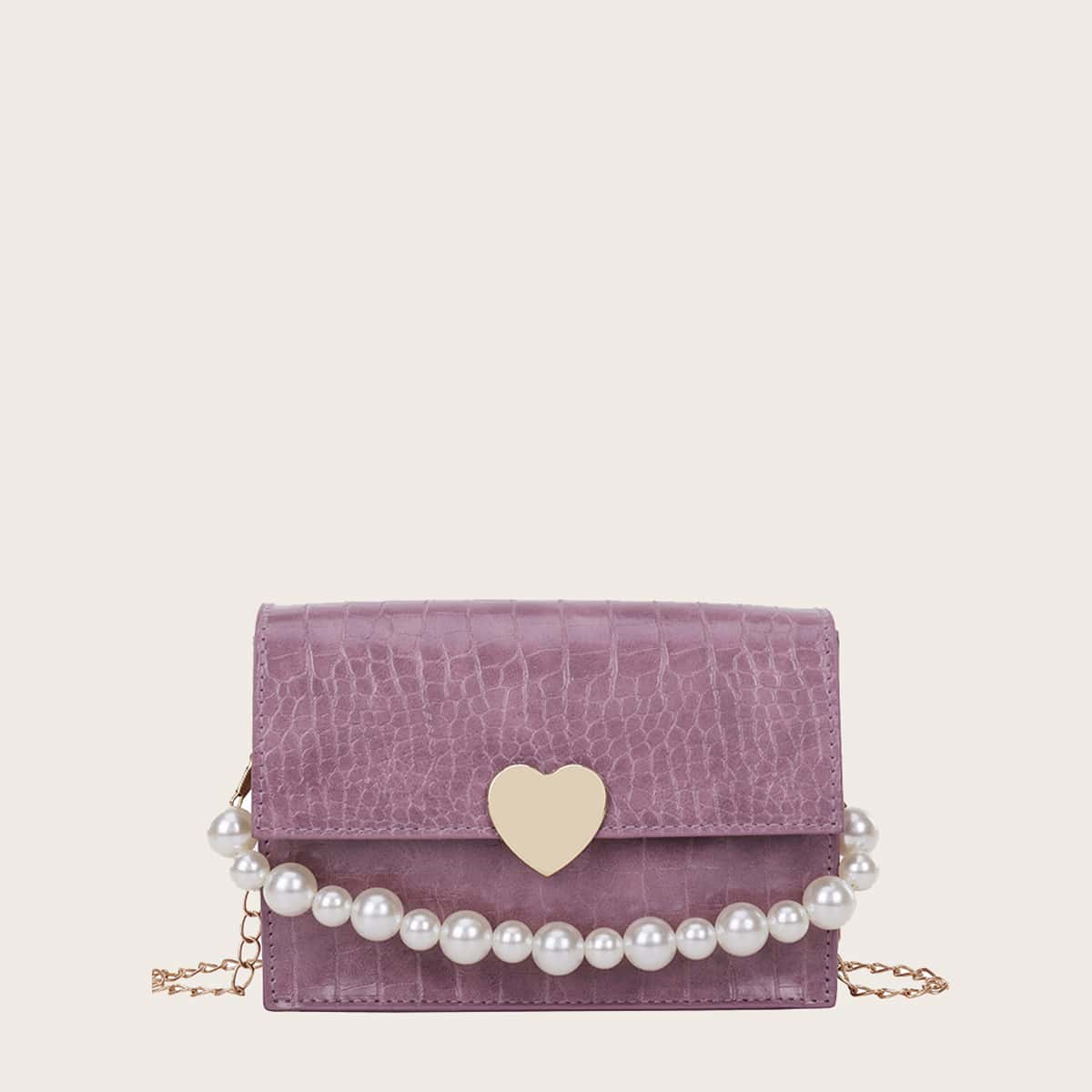 

Faux Pearl Handle Croc Embossed Satchel Bag, Lilac purple