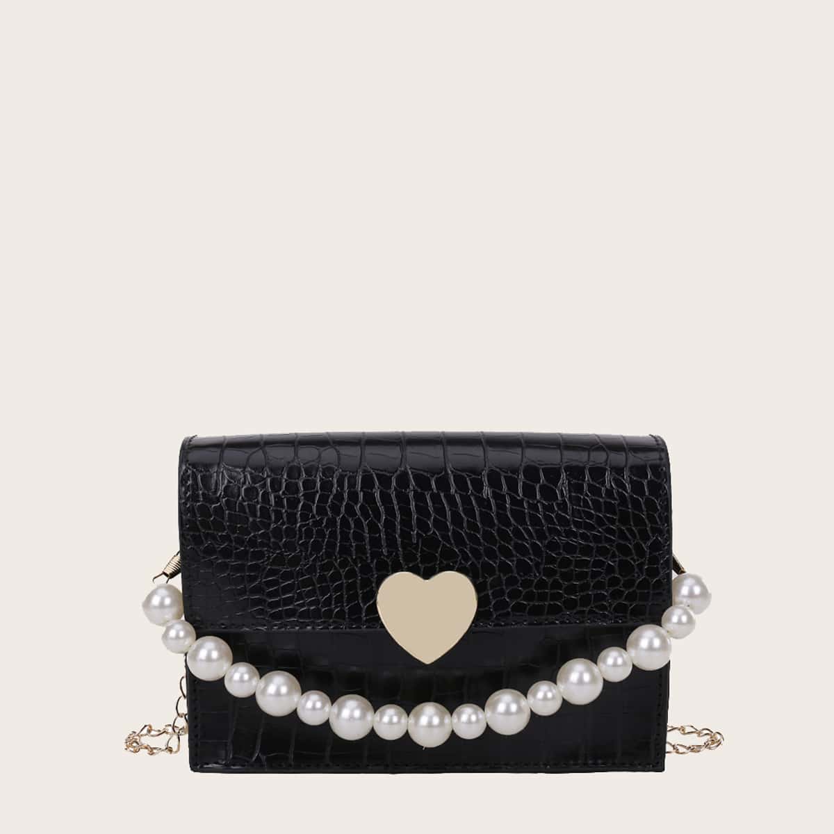 

Faux Pearl Handle Croc Embossed Satchel Bag, Black