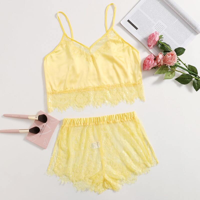 

Lace Trim Satin Lingerie Set, Yellow