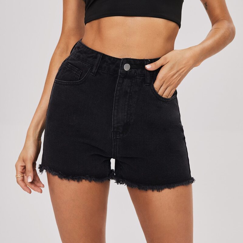 

Raw Hem Slant Pocket Denim Shorts, Black