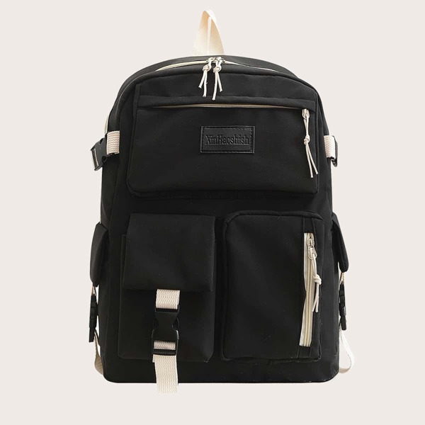 

Release Buckle Decor School Bag, Black