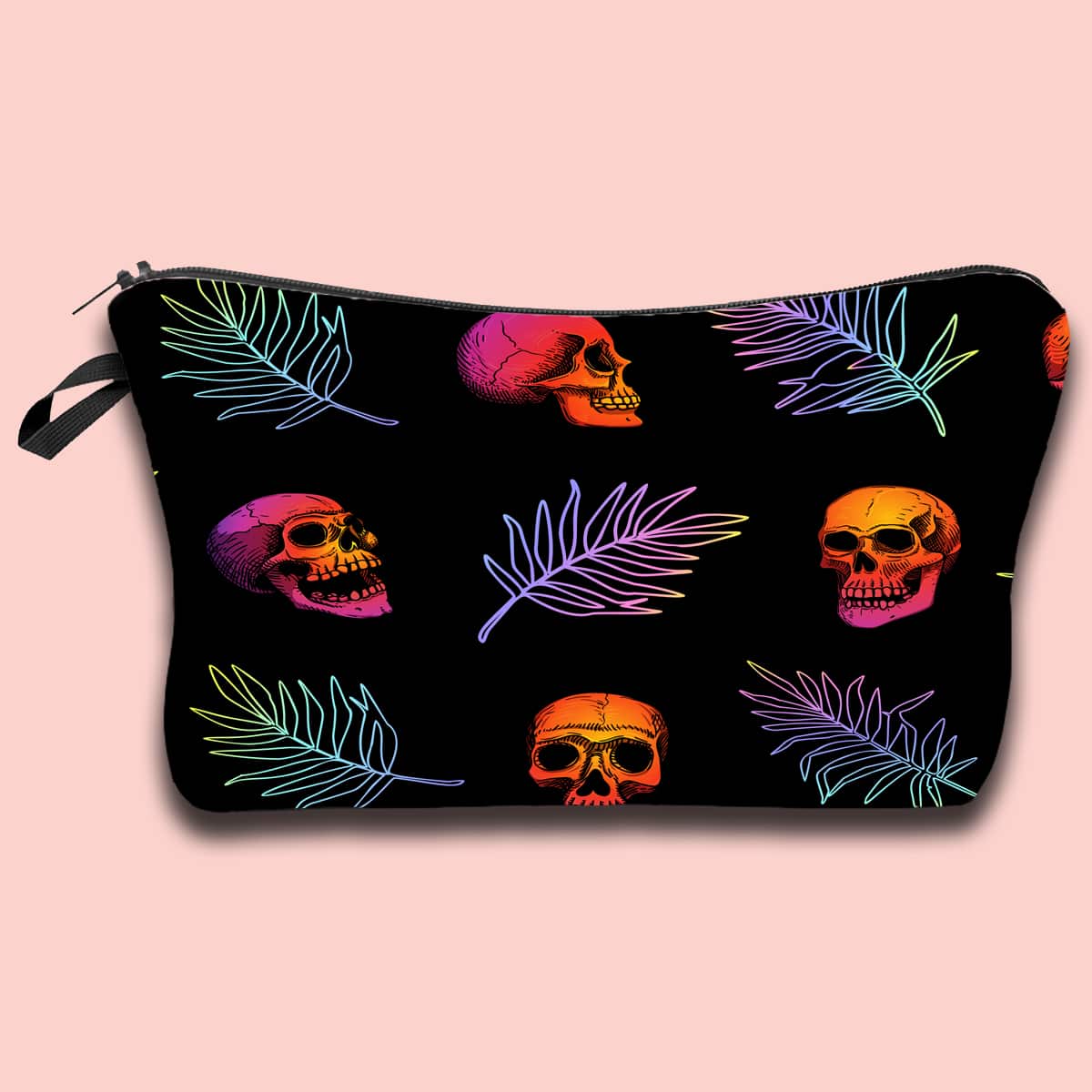 

Colorful Leaf & Skull Makeup Bag, Black