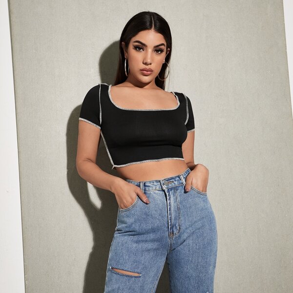 

Scoop Neck Contrast Stitch Crop Tee, Black