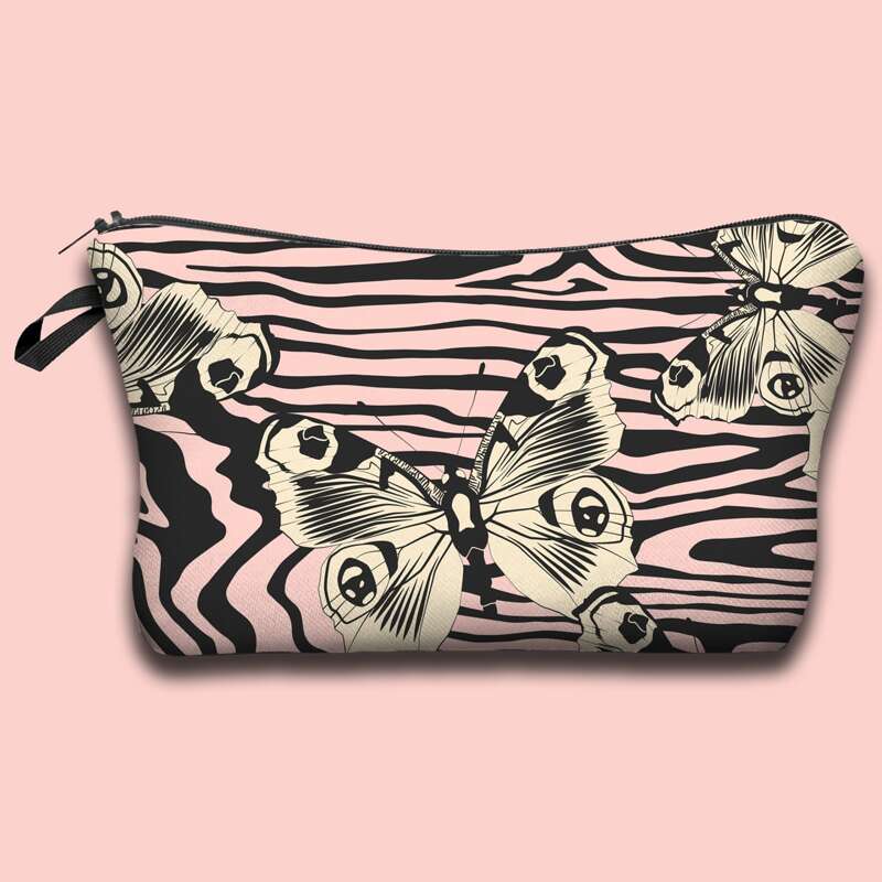 

Butterfly Print Zebra Striped Makeup Bag, Baby pink