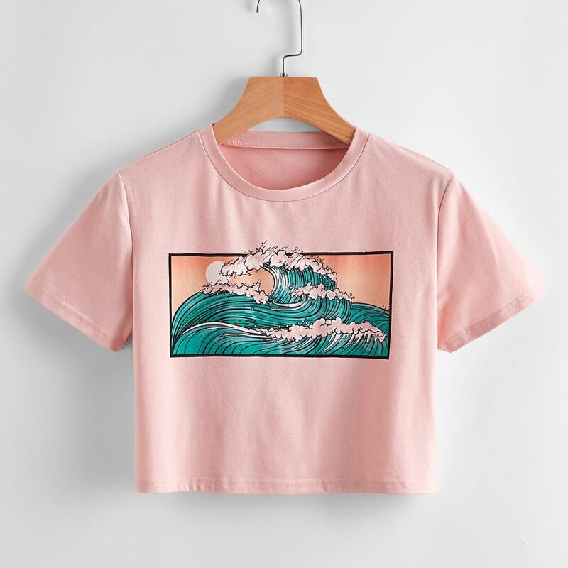 

Wave Graphic Crop Tee, Dusty pink