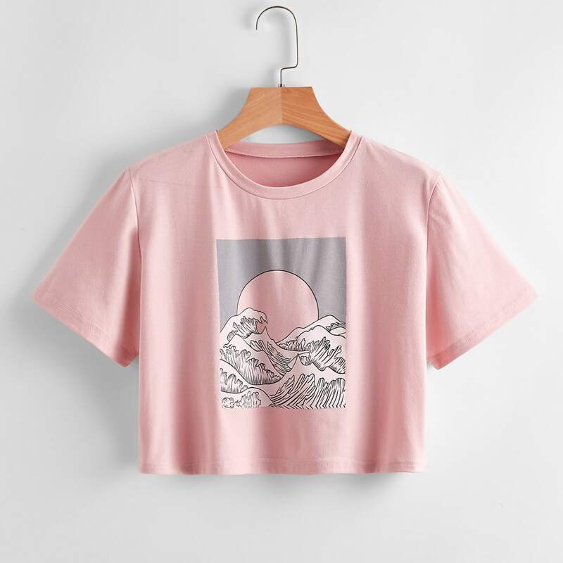 

Sun & Wave Graphic Crop Tee, Dusty pink