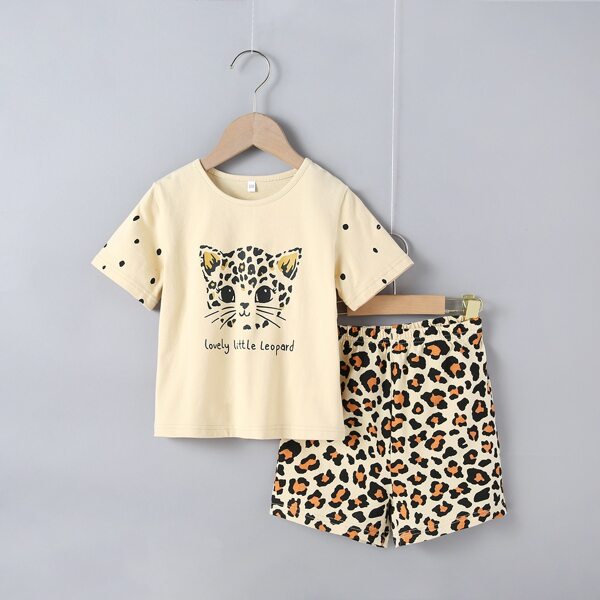 

Toddler Girls Leopard And Letter Print Tee With Shorts, Multicolor