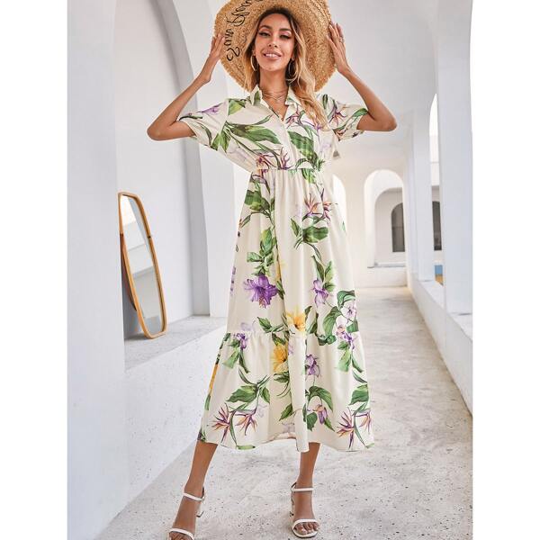 

Floral Ruffle Hem Shirt Dress, Multicolor