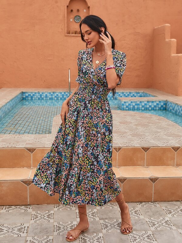 Floral Surplice Front Shirred Waist Ruffle Hem Dress | SHEIN USA