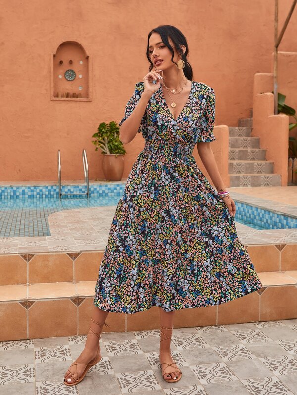 Floral Surplice Front Shirred Waist Ruffle Hem Dress | SHEIN USA