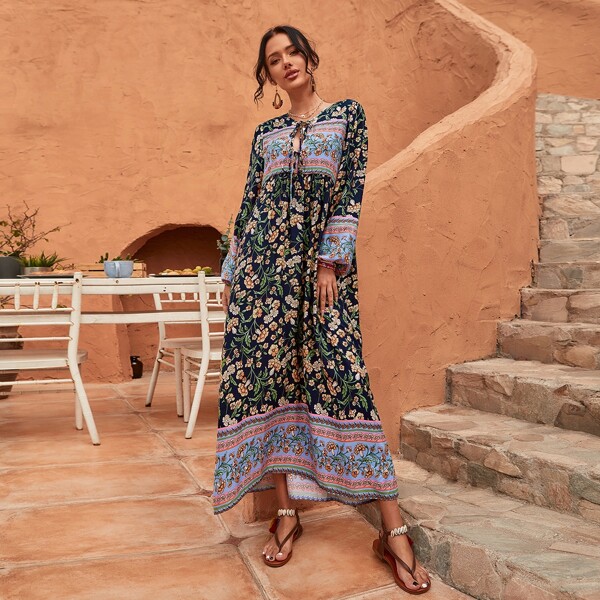 

Floral Keyhole Tie Neck Bishop Sleeve Dress, Multicolor