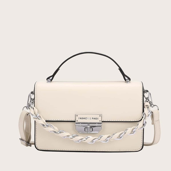 

Chain Decor Top Handle Satchel Bag, Beige