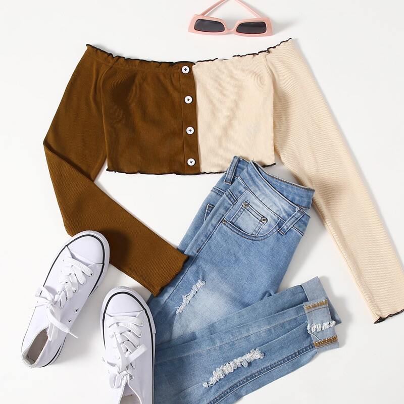 

Colorblock Off Shoulder Lettuce Trim Rib-knit Tee, Multicolor