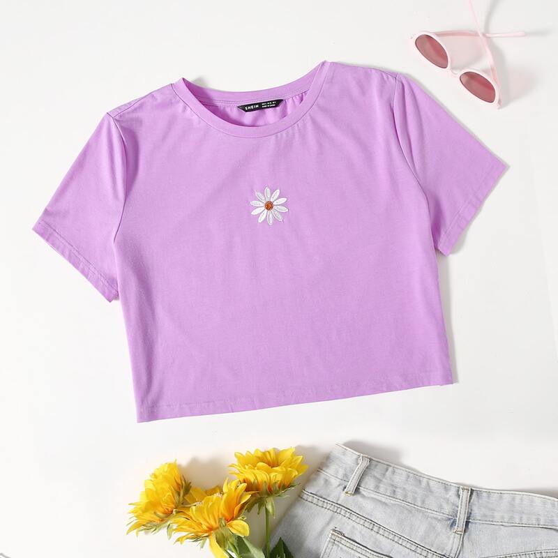 

Embroidery Floral Crop Tee, Lilac purple
