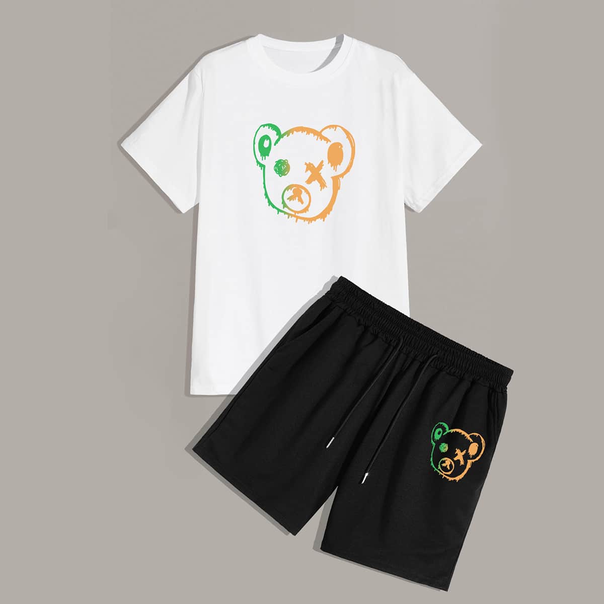 

Guys Cartoon Graphic Tee & Track Shorts, Black and white