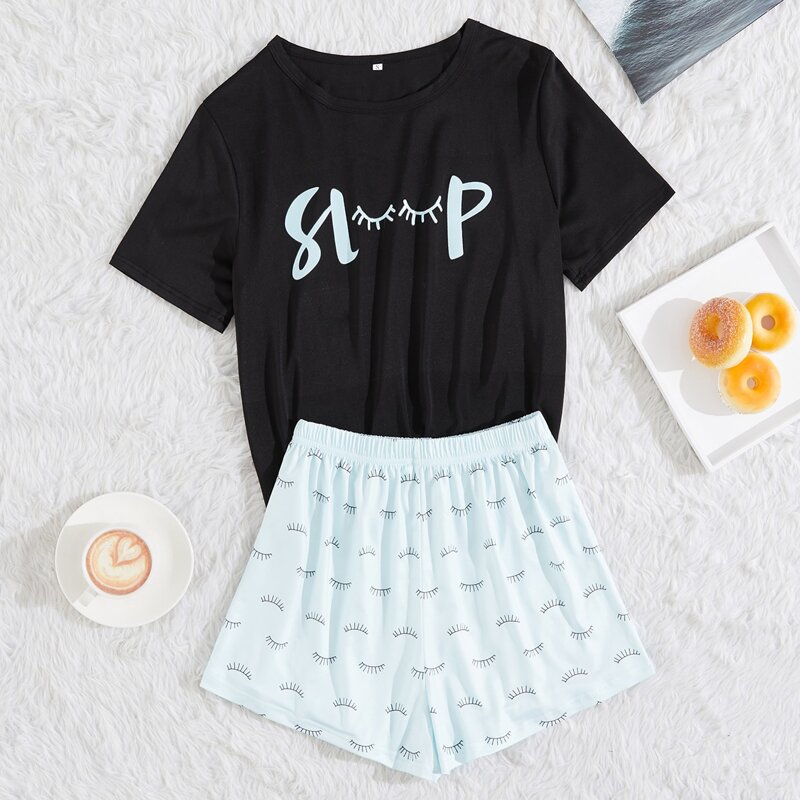

Letter & Eyelash Print PJ Set, Multicolor