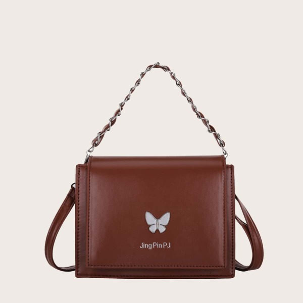 

Butterfly Decor Chain Satchel Bag, Brown