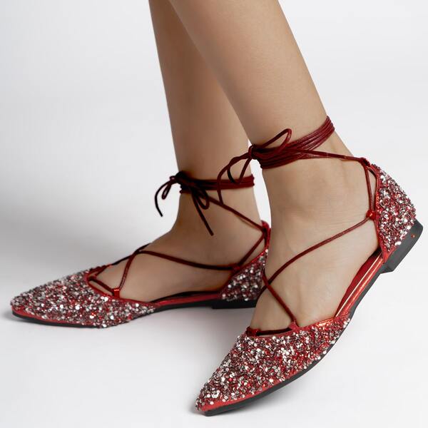 

Tie Leg Glitter Flats, Red