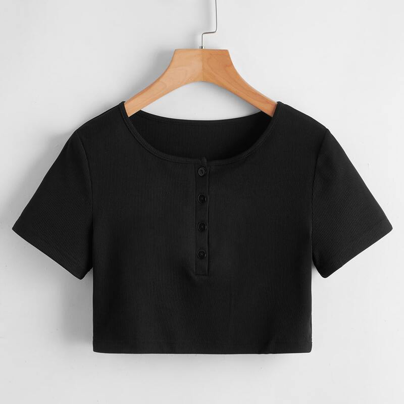 

Solid Button Ribbed Crop Tee, Black