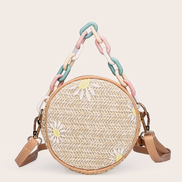 

Mini Daisy Pattern Woven Circle Bag, Khaki