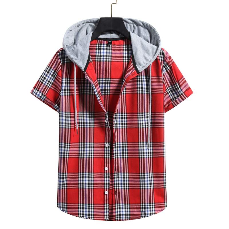 

Guys Tartan Button Front Drawstring Hooded Shirt, Red