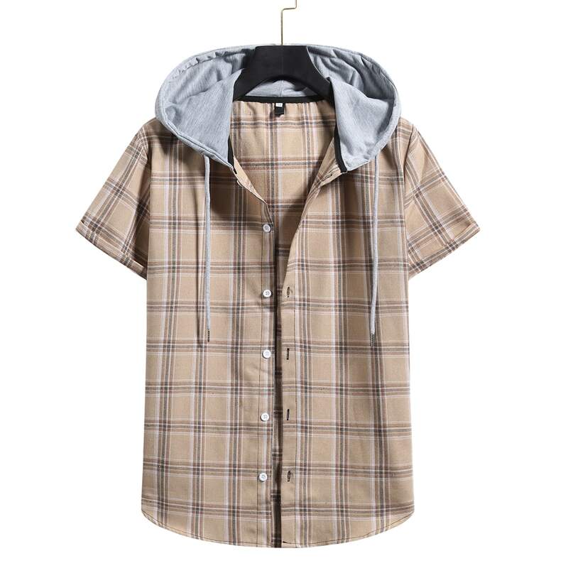 

Guys Plaid Button Front Drawstring Hooded Shirt, Khaki