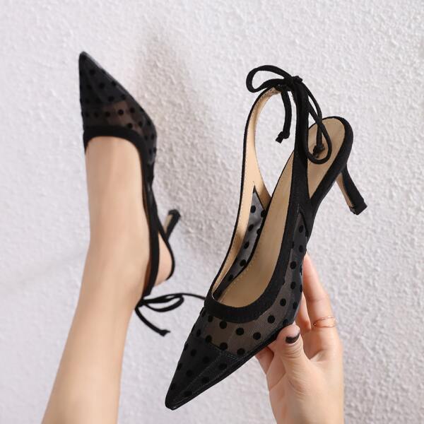 

Polka Dot Mesh Panel Slingback Pumps, Black