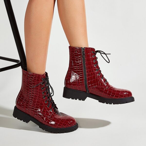 

Croc Embossed Combat Boots, Burgundy
