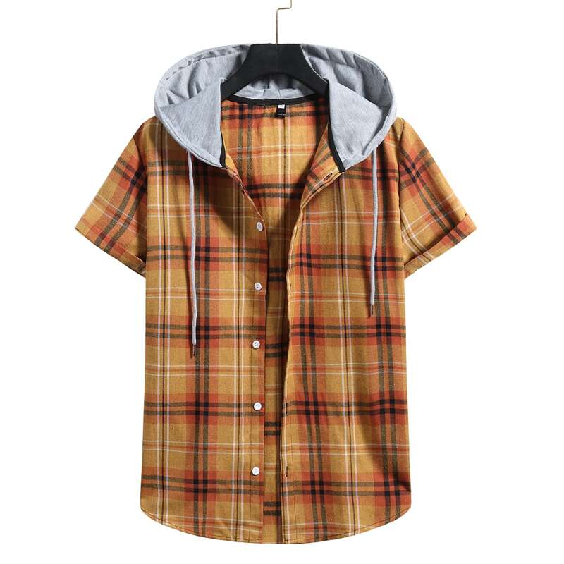 

Guys Plaid Button Front Drawstring Hooded Shirt, Mustard yellow
