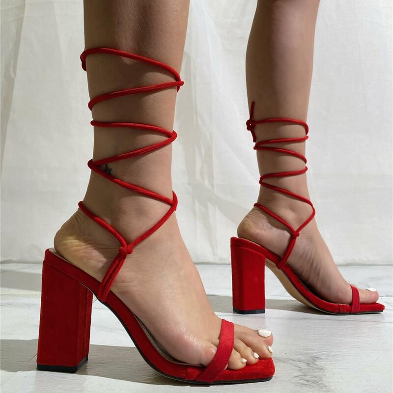

Tie Leg Chunky Heeled Sandals, Red